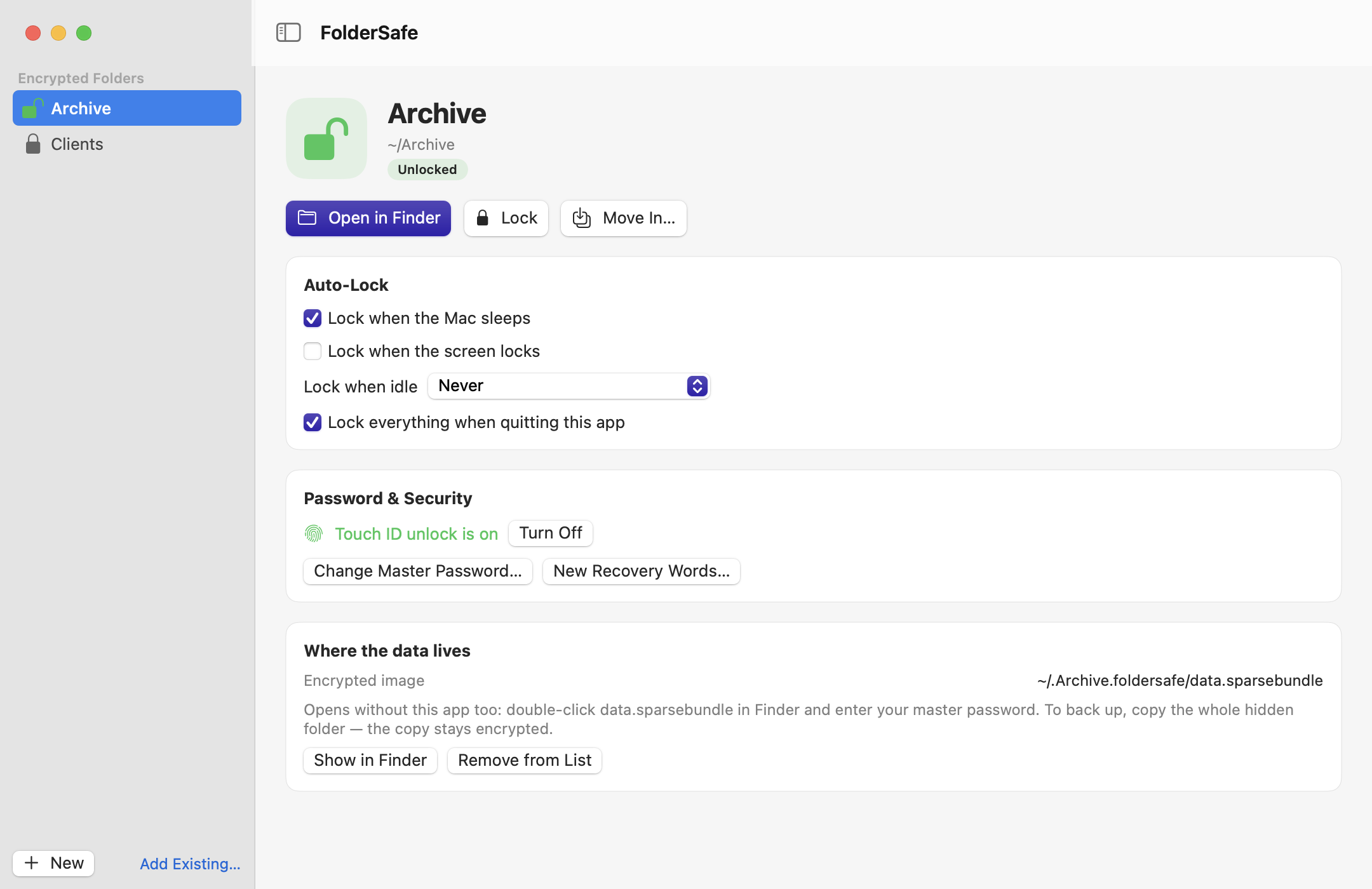 The FolderSafe window showing an unlocked encrypted folder with buttons to open it in Finder, lock it, or move files in, plus auto-lock settings.